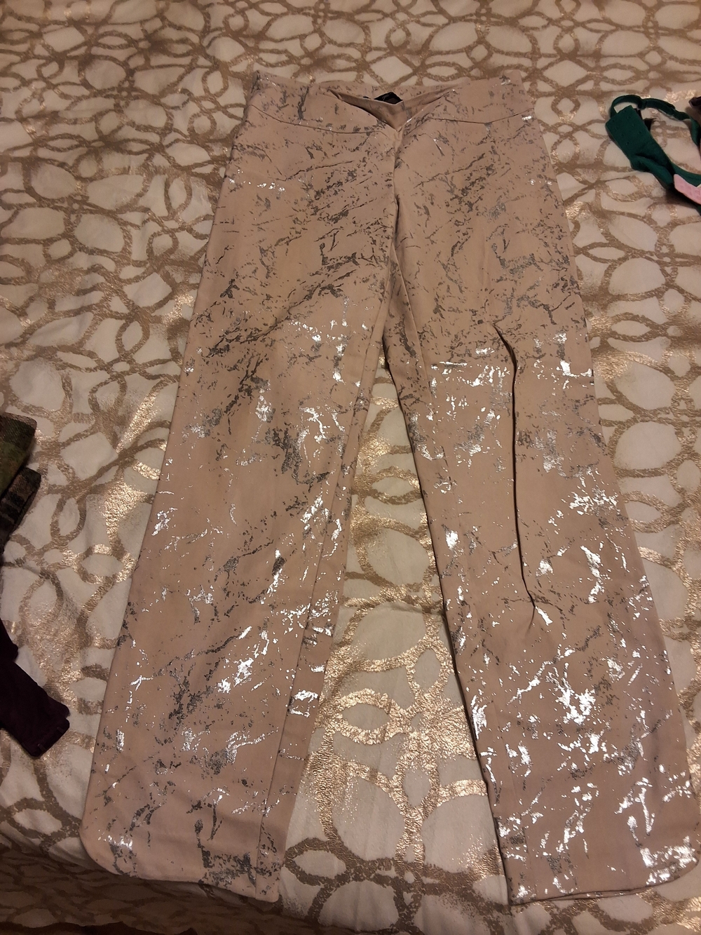 Beige Metallic Paint-Splatter Wide Leg Pants